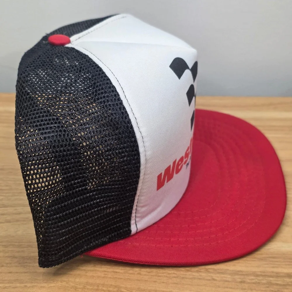 Vintage Western Auto‎ Trucker Hat Mens OSFA Red White Black Racing Mesh Cap 80's